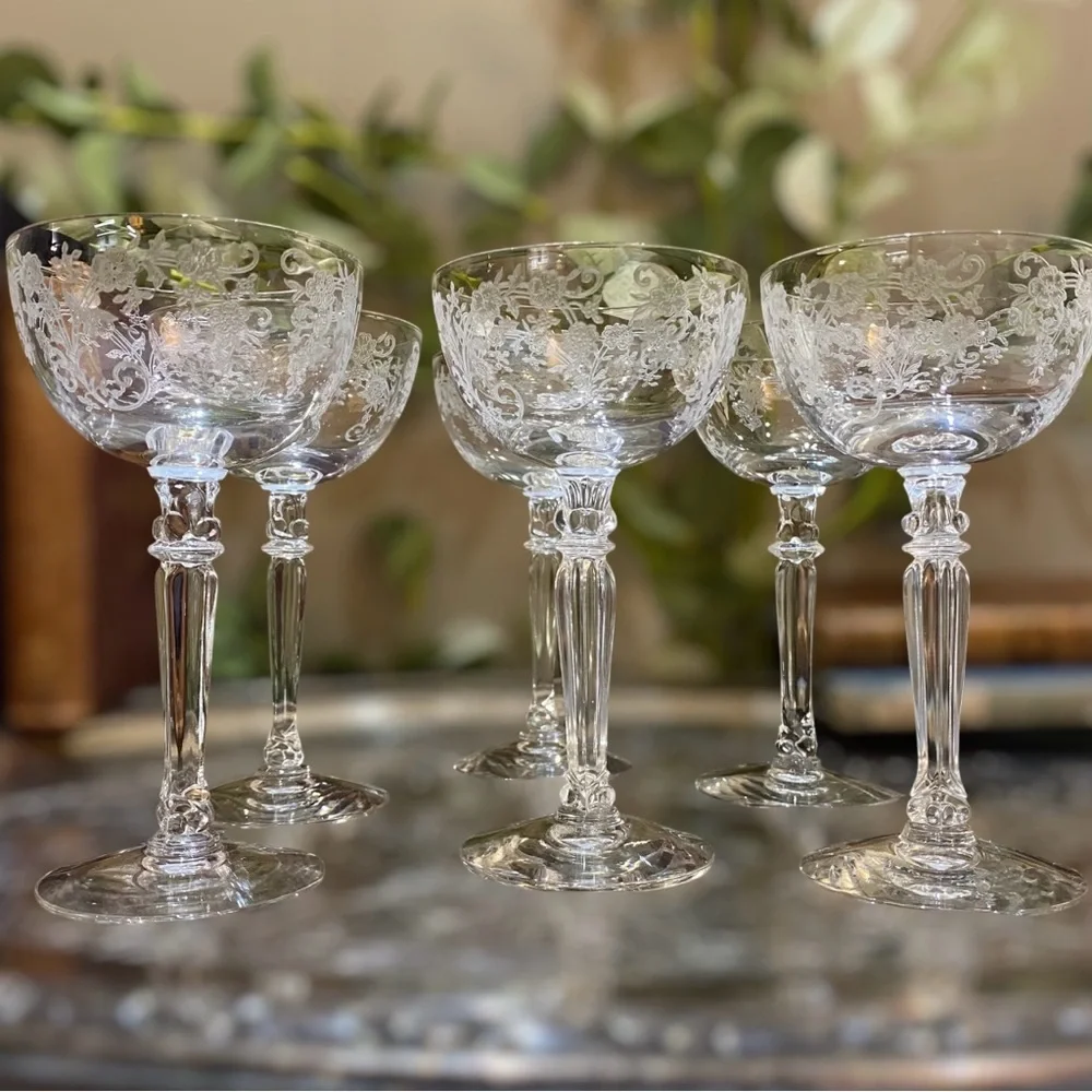 40’s Fostoria Buttercup Set 6 Vintage Cocktail Liquor Stem Goblets Elegant Glass